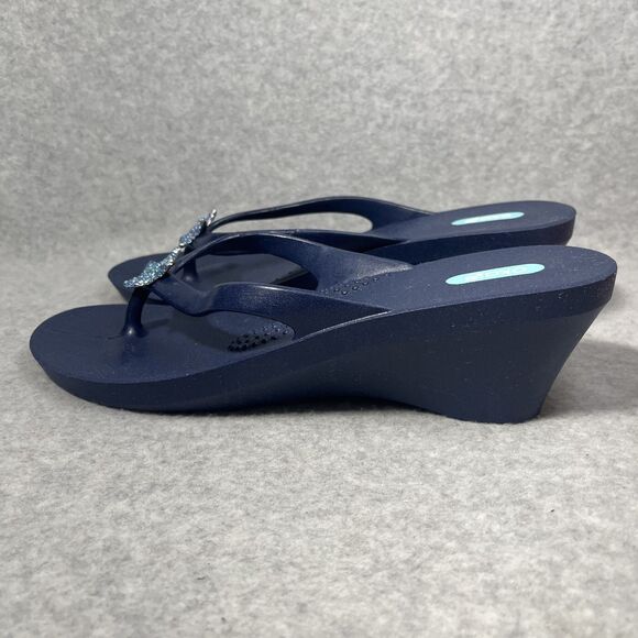 Oka-B Joy‎ Wedge Sandals Womens Large Navy Blue Starfish Sparkle Thong Flip Flop - Picture 5 of 15
